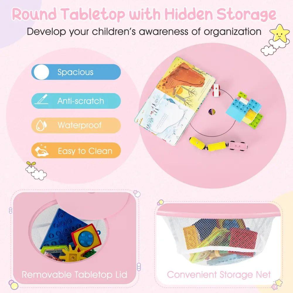 Wood Activity Kids Table and Chair Set with Center Mesh Storage for Snack Time and Homework-Pink - Pink - Kids Table &