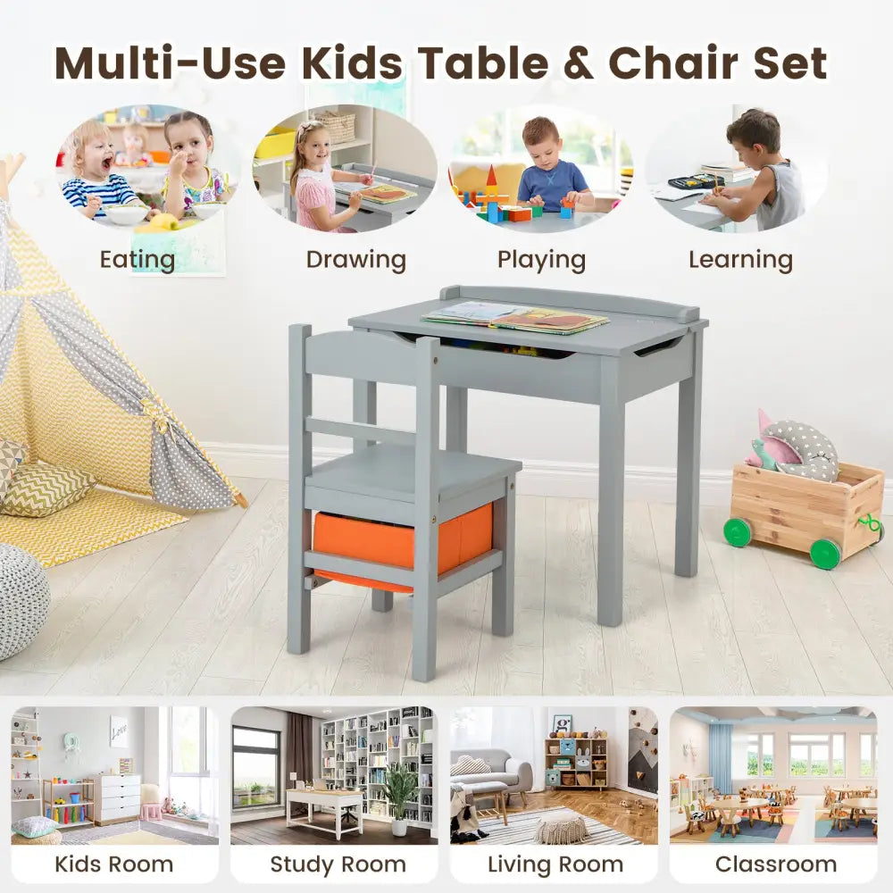 Wood Activity Kids Table and Chair Set with Storage Space-Gray - Gray - Kids Table & Chair Sets