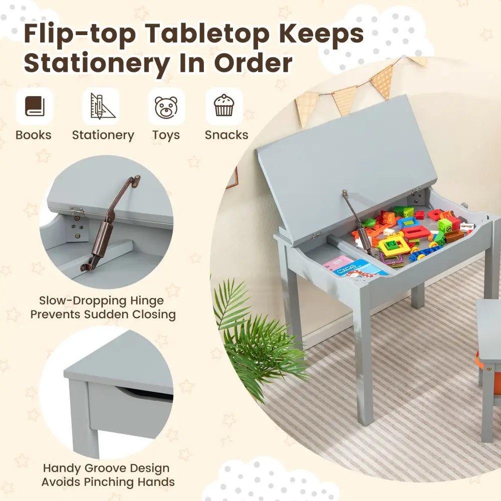 Wood Activity Kids Table and Chair Set with Storage Space-Gray - Gray - Kids Table & Chair Sets