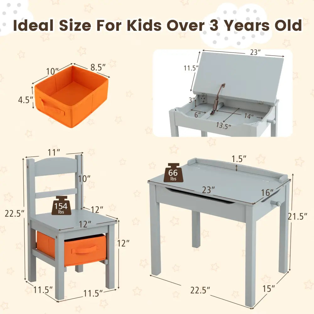 Wood Activity Kids Table and Chair Set with Storage Space-Gray - Gray - Kids Table & Chair Sets