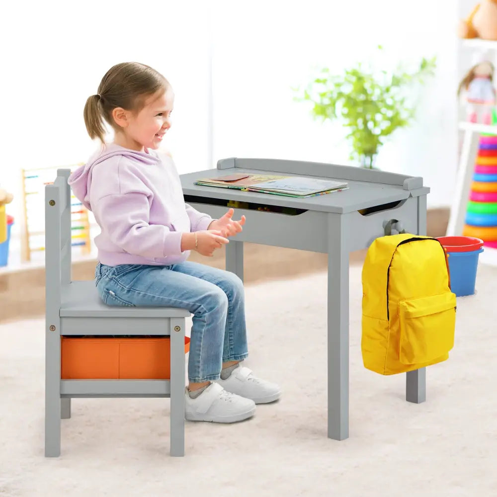 Wood Activity Kids Table and Chair Set with Storage Space-Gray - Gray - Kids Table & Chair Sets