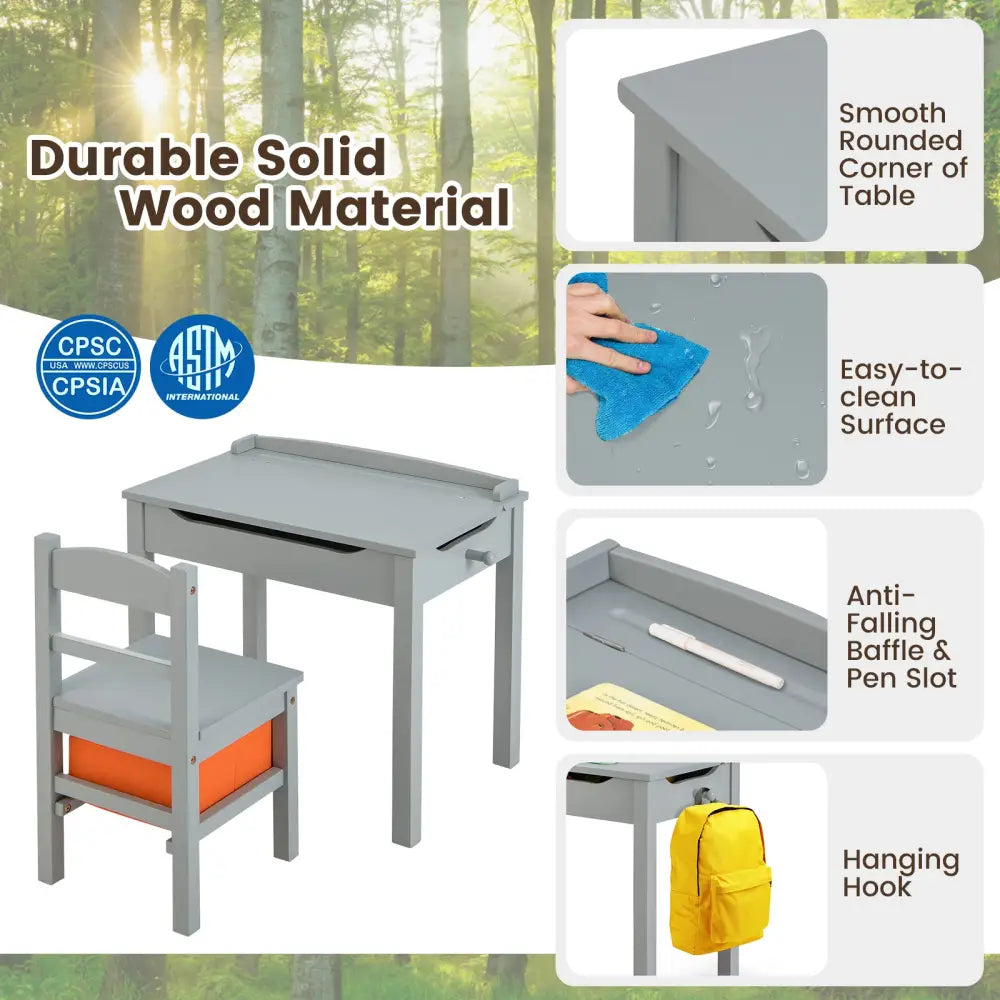 Wood Activity Kids Table and Chair Set with Storage Space-Gray - Gray - Kids Table & Chair Sets