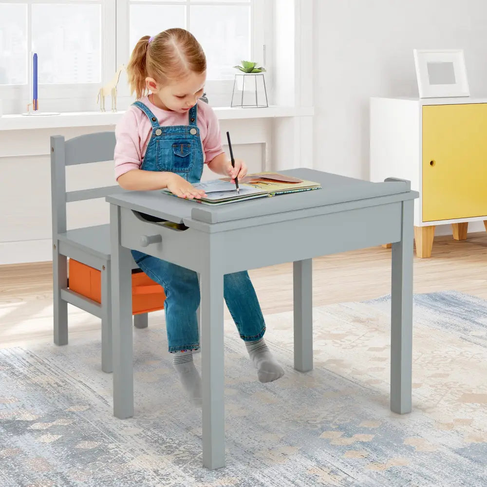 Wood Activity Kids Table and Chair Set with Storage Space-Gray - Gray - Kids Table & Chair Sets