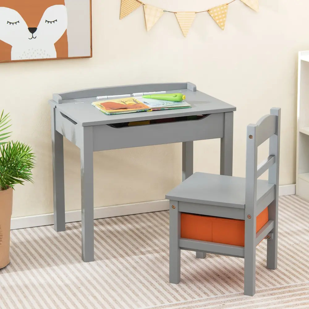 Wood Activity Kids Table and Chair Set with Storage Space-Gray - Gray - Kids Table & Chair Sets
