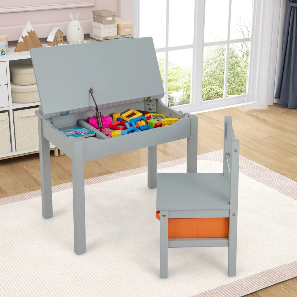 Wood Activity Kids Table and Chair Set with Storage Space-Gray - Gray - Kids Table & Chair Sets