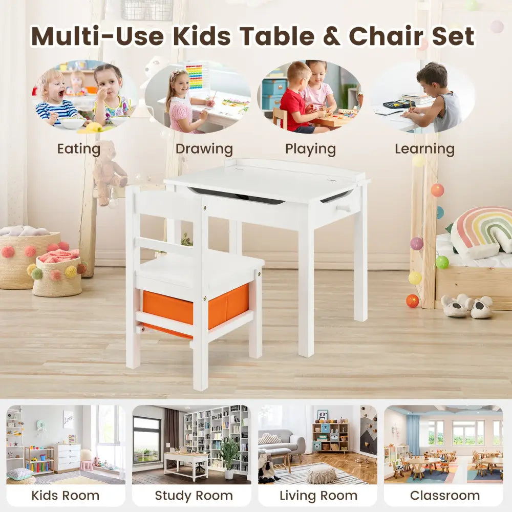 Wood Activity Kids Table and Chair Set with Storage Space-White - White - Kids Table & Chair Sets