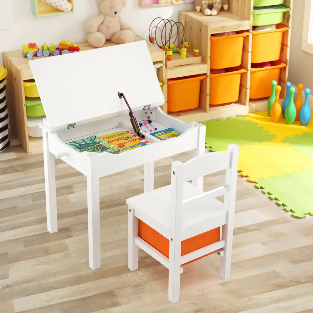 Wood Activity Kids Table and Chair Set with Storage Space-White - White - Kids Table & Chair Sets