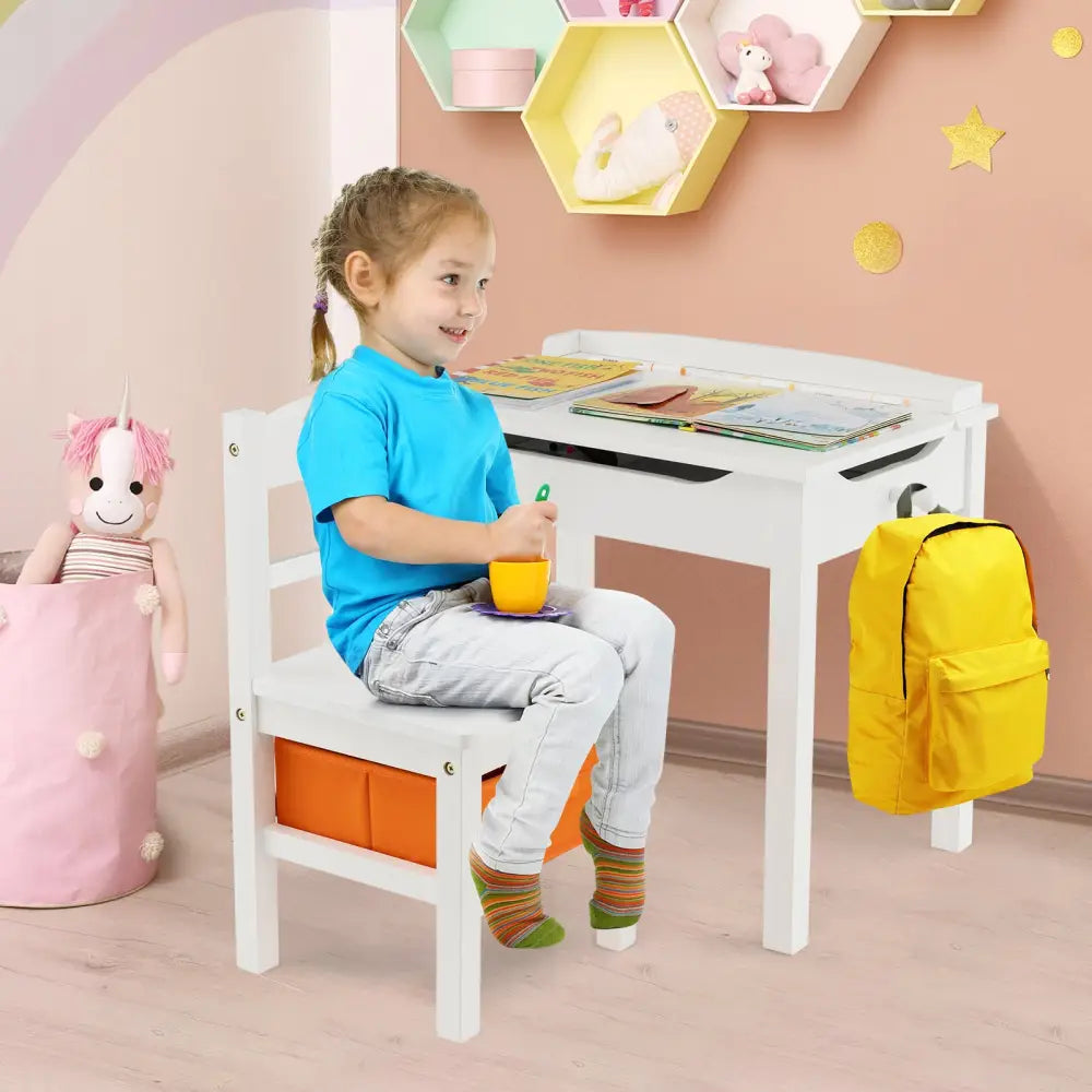 Wood Activity Kids Table and Chair Set with Storage Space-White - White - Kids Table & Chair Sets