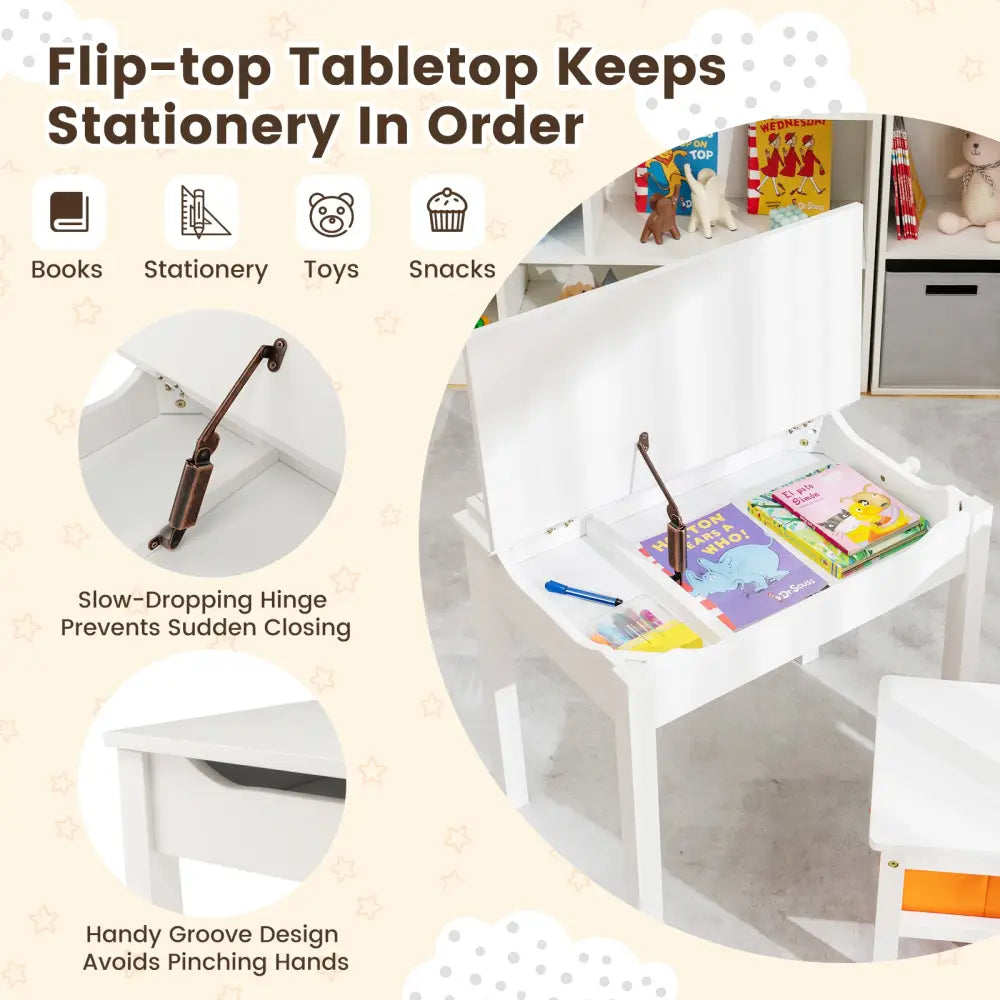 Wood Activity Kids Table and Chair Set with Storage Space-White - White - Kids Table & Chair Sets