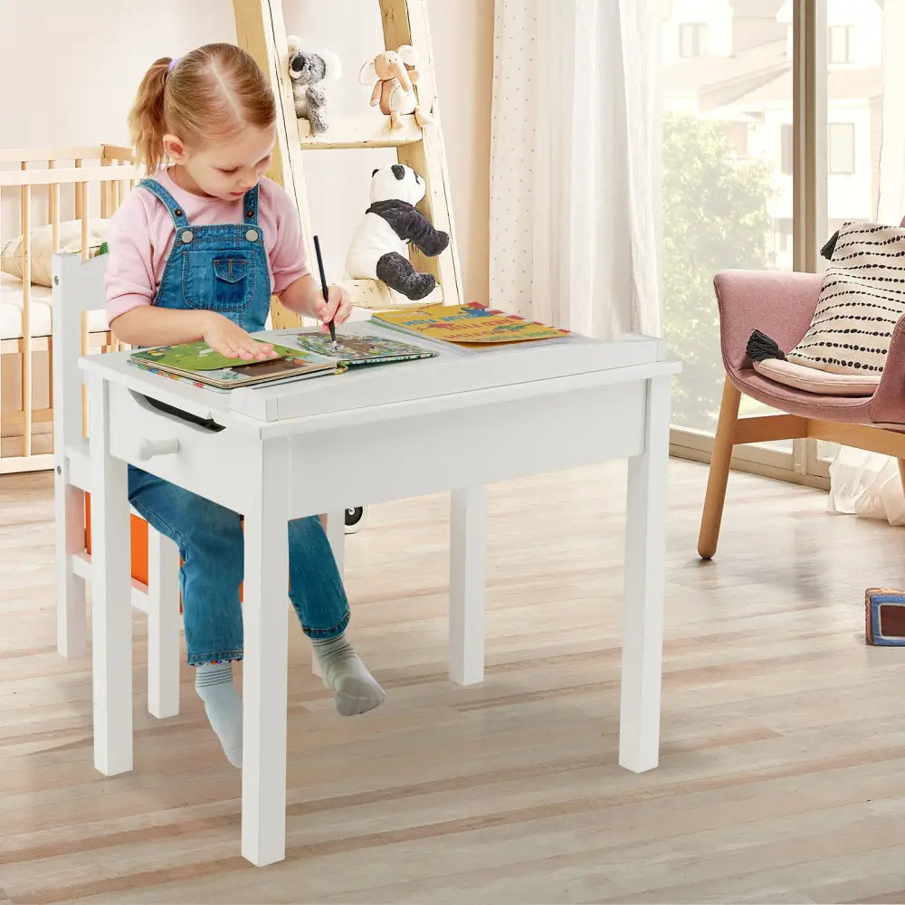 Wood Activity Kids Table and Chair Set with Storage Space-White - White - Kids Table & Chair Sets