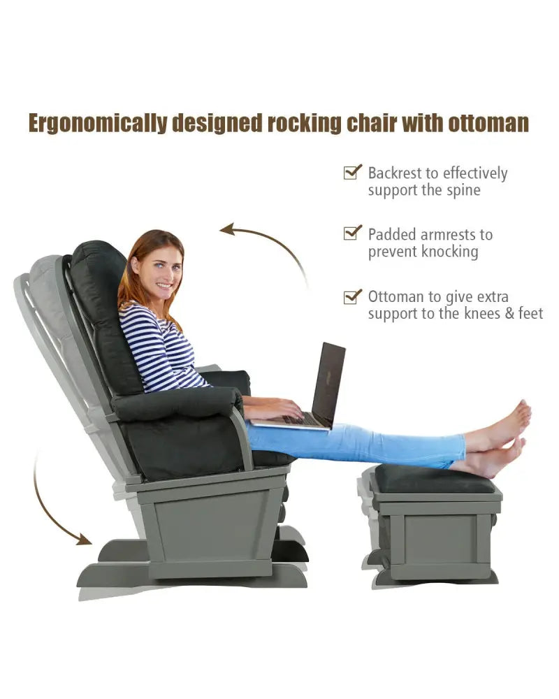 Wood Baby Glider and Ottoman Cushion Set with Padded Armrests for Nursing-Gray - Dark Gray - Recliners