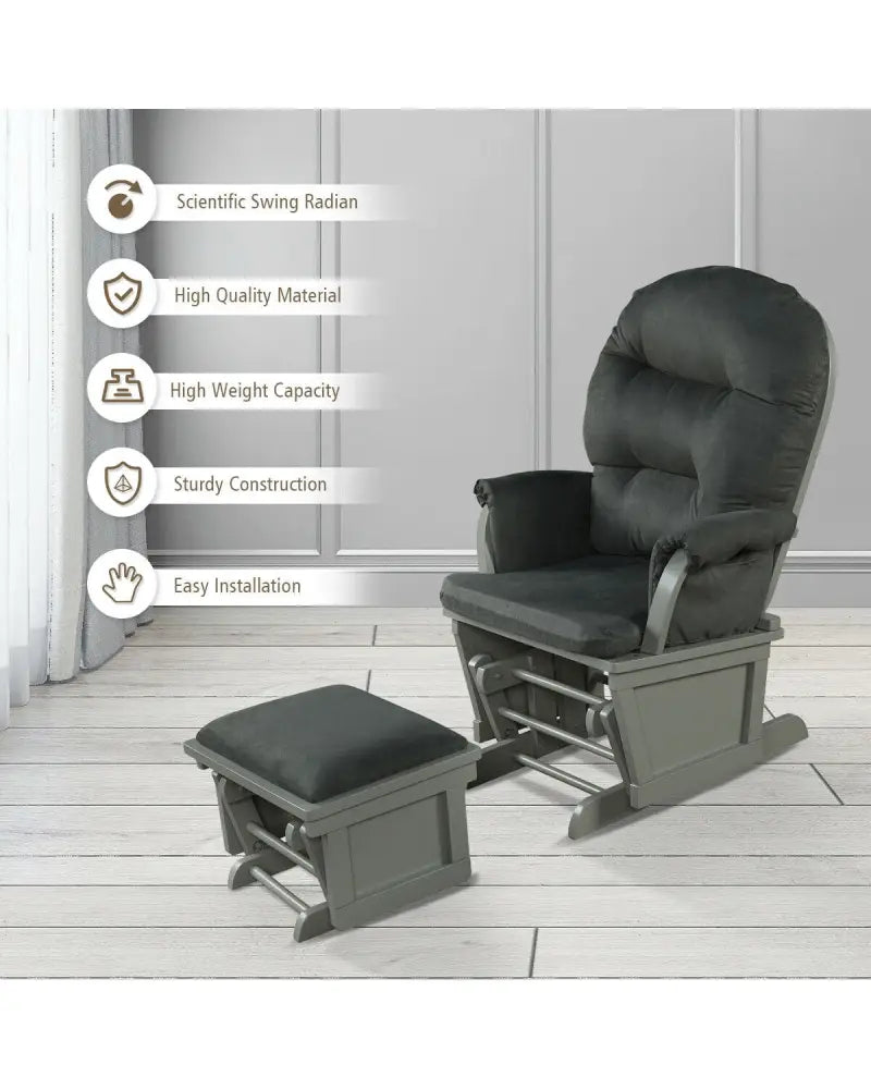 Wood Baby Glider and Ottoman Cushion Set with Padded Armrests for Nursing-Gray - Dark Gray - Recliners