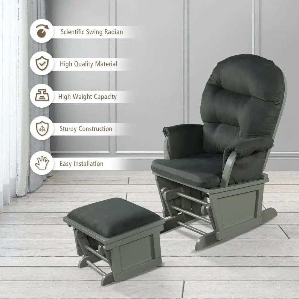 Wood Baby Glider and Ottoman Cushion Set with Padded Armrests for Nursing-Gray - Dark Gray - Recliners