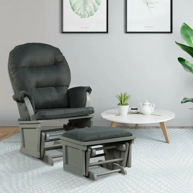 Wood Baby Glider and Ottoman Cushion Set with Padded Armrests for Nursing-Gray - Dark Gray - Recliners