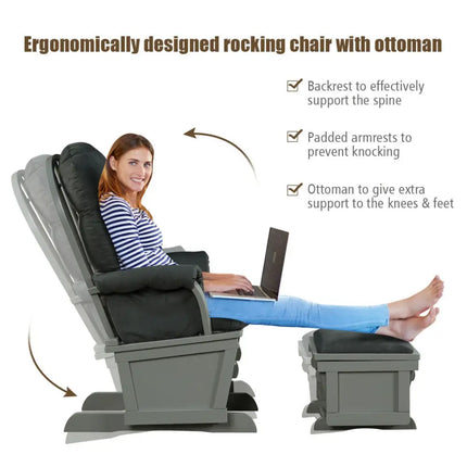 Wood Baby Glider and Ottoman Cushion Set with Padded Armrests for Nursing-Gray - Dark Gray - Recliners