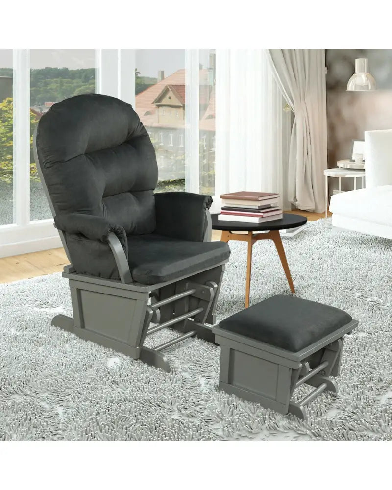 Wood Baby Glider and Ottoman Cushion Set with Padded Armrests for Nursing-Gray - Dark Gray - Recliners