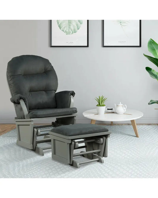 Wood Baby Glider and Ottoman Cushion Set with Padded Armrests for Nursing-Gray - Dark Gray - Recliners