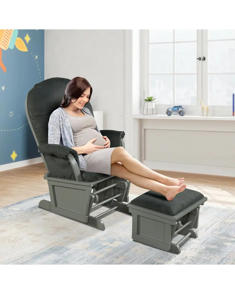 Wood Baby Glider and Ottoman Cushion Set with Padded Armrests for Nursing-Gray - Dark Gray - Recliners