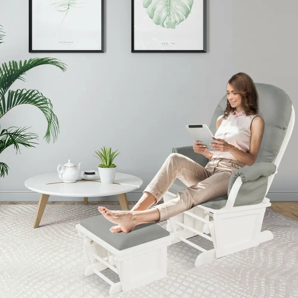 Wood Baby Glider and Ottoman Cushion Set with Padded Armrests-Light Gray - Light Gray - Recliners