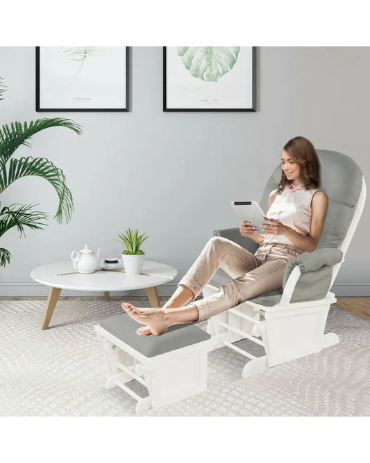 Wood Baby Glider and Ottoman Cushion Set with Padded Armrests-Light Gray - Light Gray - Recliners