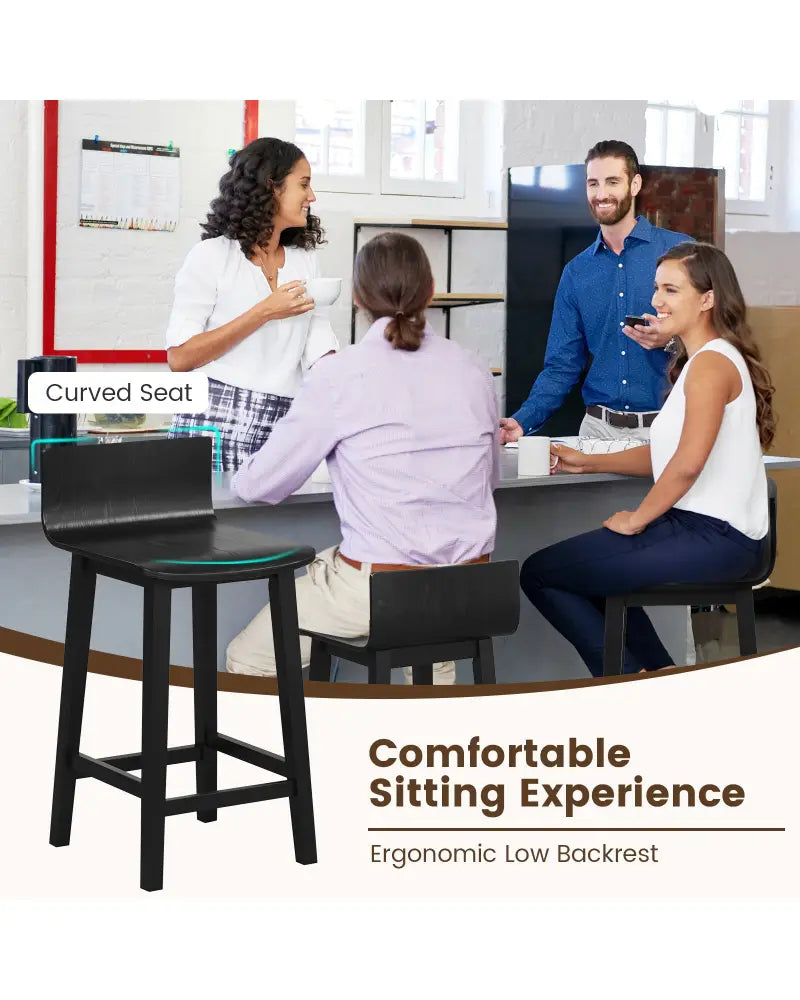 Wood Bar Stools Set of 2 with Solid Back and Seat-Black - Black - Bar Stools