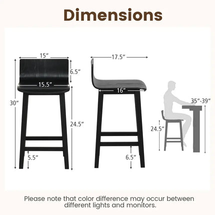Wood Bar Stools Set of 2 with Solid Back and Seat-Black - Black - Bar Stools