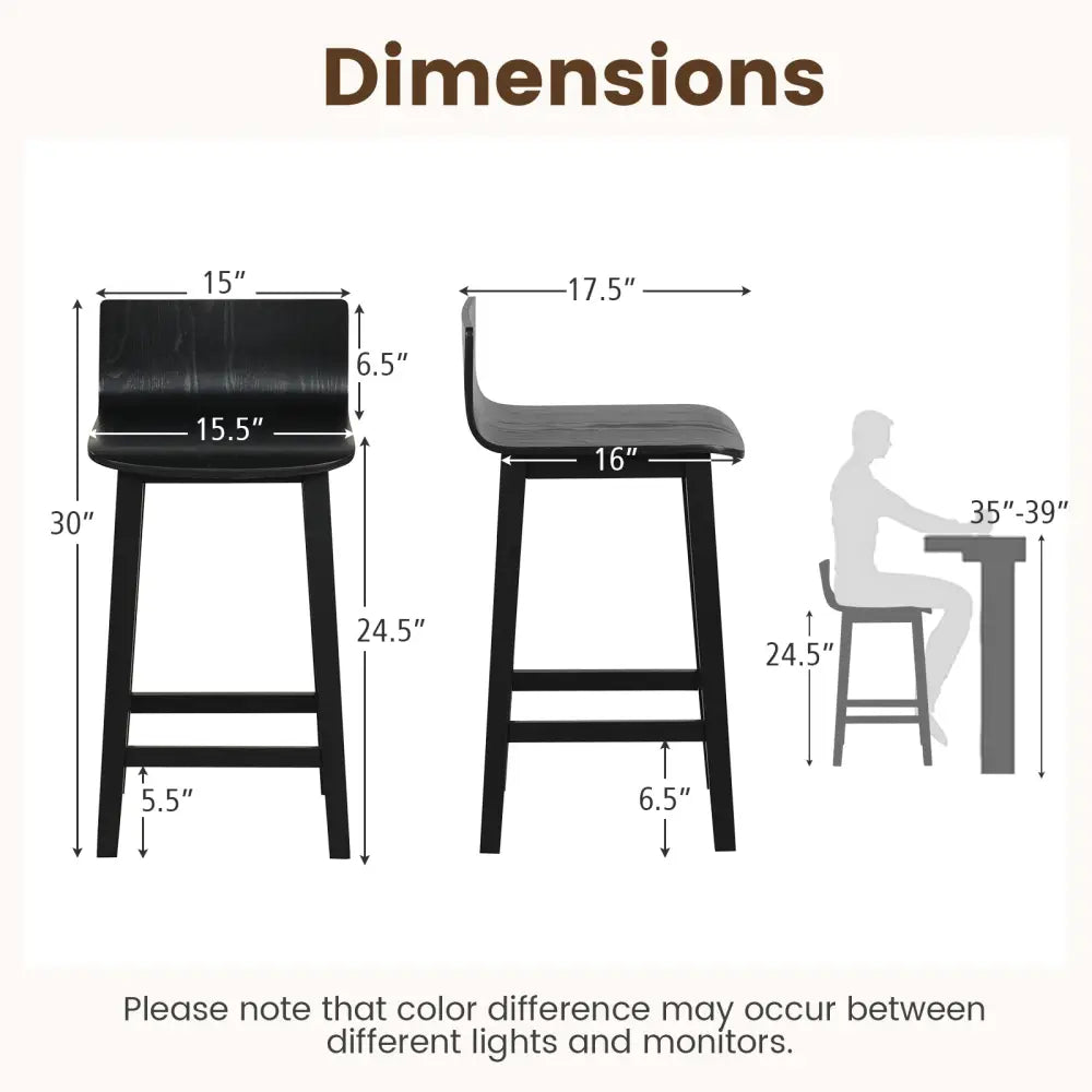 Wood Bar Stools Set of 2 with Solid Back and Seat-Black - Black - Bar Stools