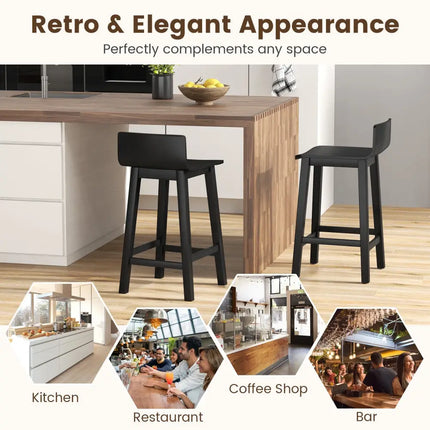 Wood Bar Stools Set of 2 with Solid Back and Seat-Black - Black - Bar Stools