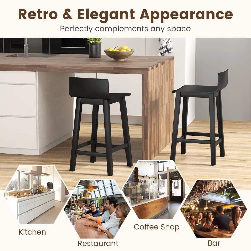 Wood Bar Stools Set of 2 with Solid Back and Seat-Black - Black - Bar Stools