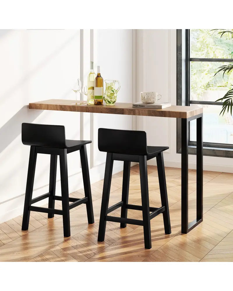 Wood Bar Stools Set of 2 with Solid Back and Seat-Black - Black - Bar Stools