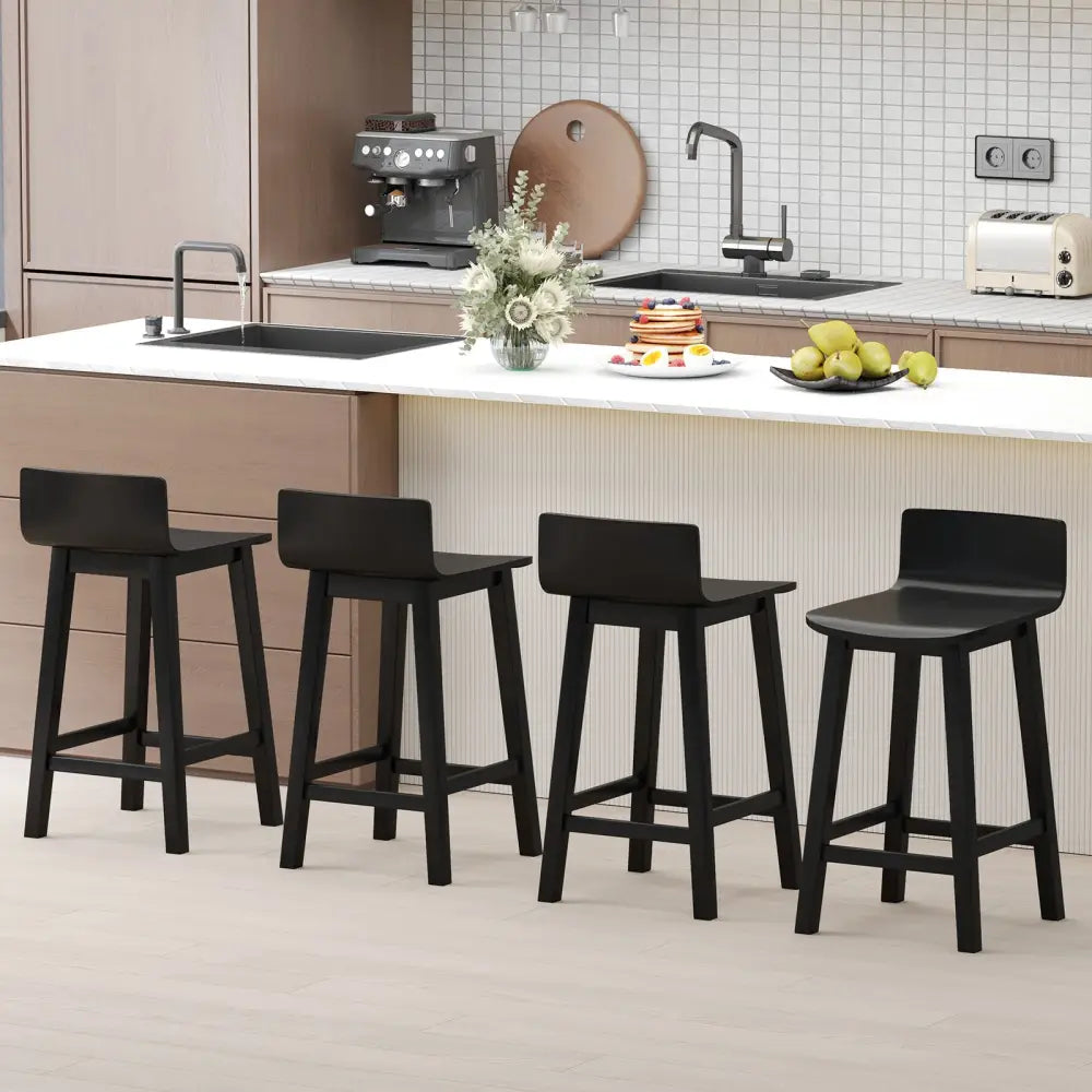 Wood Bar Stools Set of 2 with Solid Back and Seat-Black - Black - Bar Stools