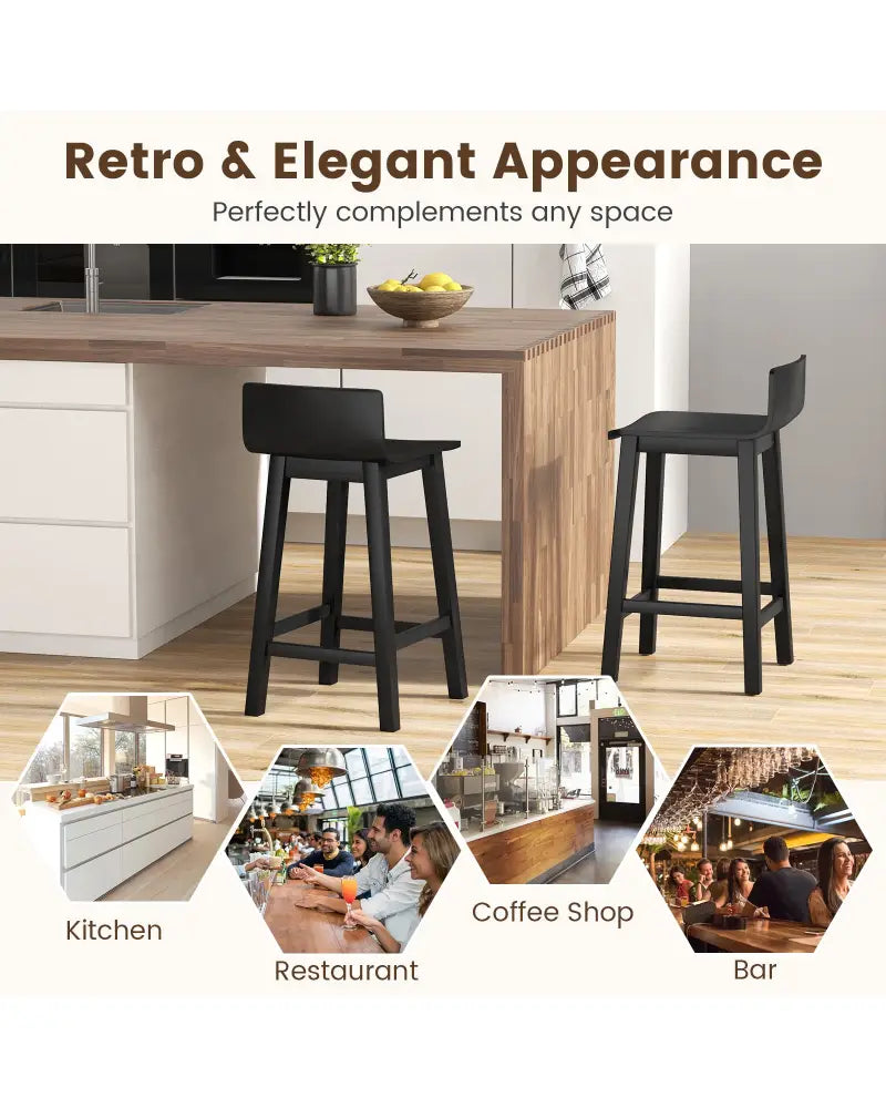 Wood Bar Stools Set of 2 with Solid Back and Seat-Black - Black - Bar Stools