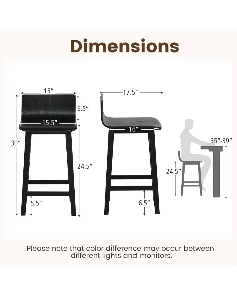 Wood Bar Stools Set of 2 with Solid Back and Seat-Black - Black - Bar Stools