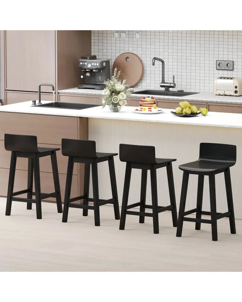 Wood Bar Stools Set of 2 with Solid Back and Seat-Black - Black - Bar Stools