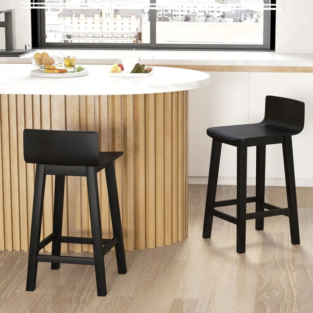 Wood Bar Stools Set of 2 with Solid Back and Seat-Black - Black - Bar Stools