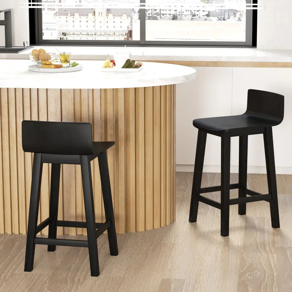 Wood Bar Stools Set of 2 with Solid Back and Seat-Black - Black - Bar Stools