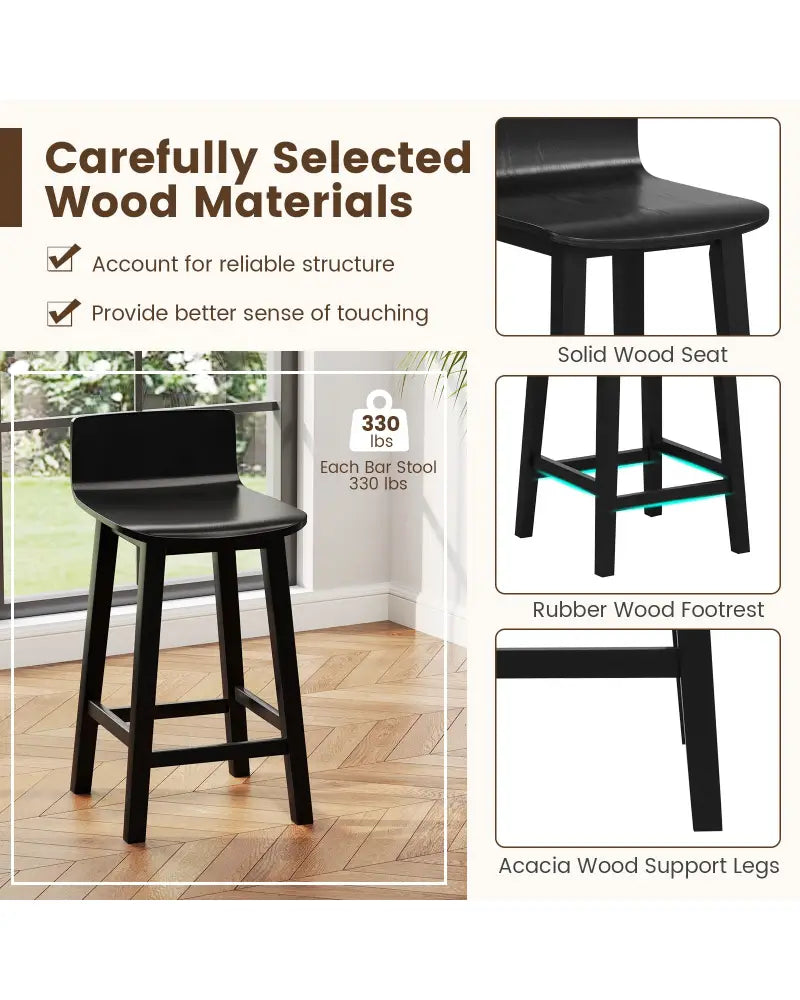 Wood Bar Stools Set of 2 with Solid Back and Seat-Black - Black - Bar Stools