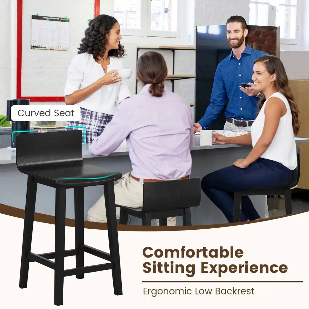 Wood Bar Stools Set of 2 with Solid Back and Seat-Black - Black - Bar Stools