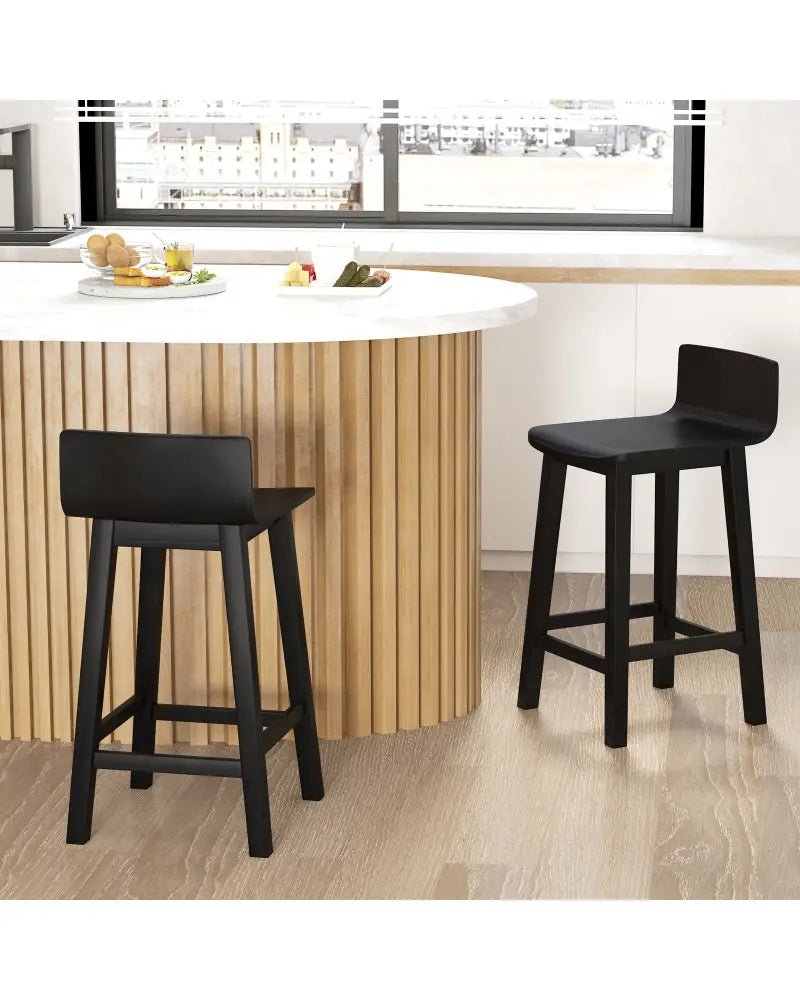 Wood Bar Stools Set of 2 with Solid Back and Seat-Black - Black - Bar Stools