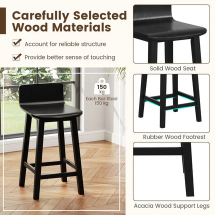 Wood Bar Stools Set of 2 with Solid Back and Seat-Black - Black - Bar Stools