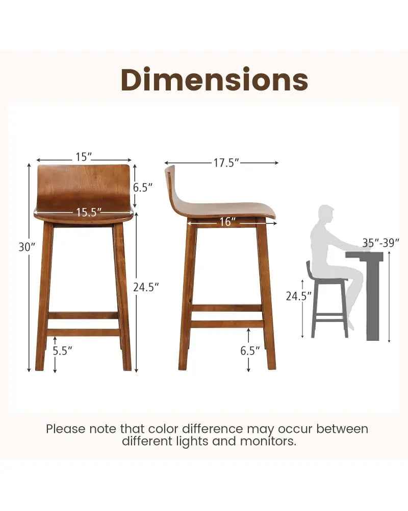 Wood Bar Stools Set of 2 with Solid Back and Seat-Brown - Brown - Bar Stools