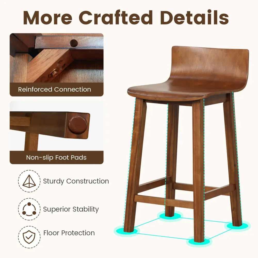 Wood Bar Stools Set of 2 with Solid Back and Seat-Brown - Brown - Bar Stools
