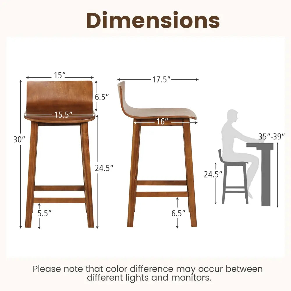 Wood Bar Stools Set of 2 with Solid Back and Seat-Brown - Brown - Bar Stools