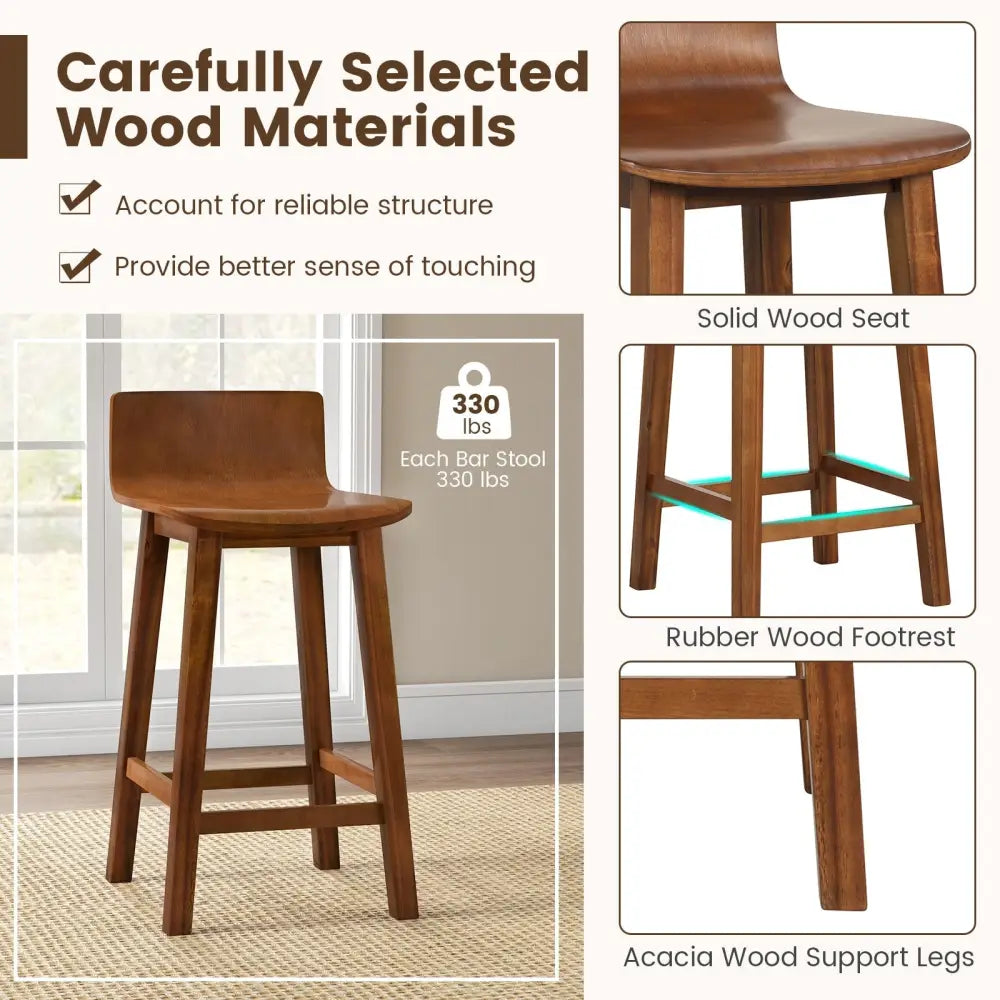 Wood Bar Stools Set of 2 with Solid Back and Seat-Brown - Brown - Bar Stools