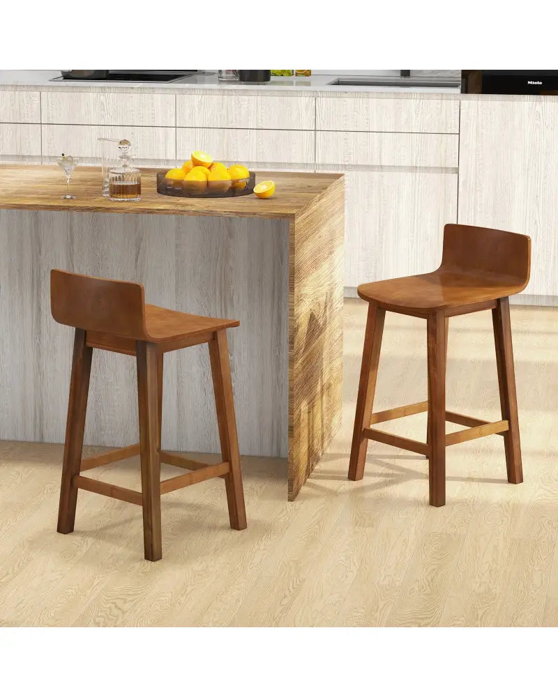 Wood Bar Stools Set of 2 with Solid Back and Seat-Brown - Brown - Bar Stools