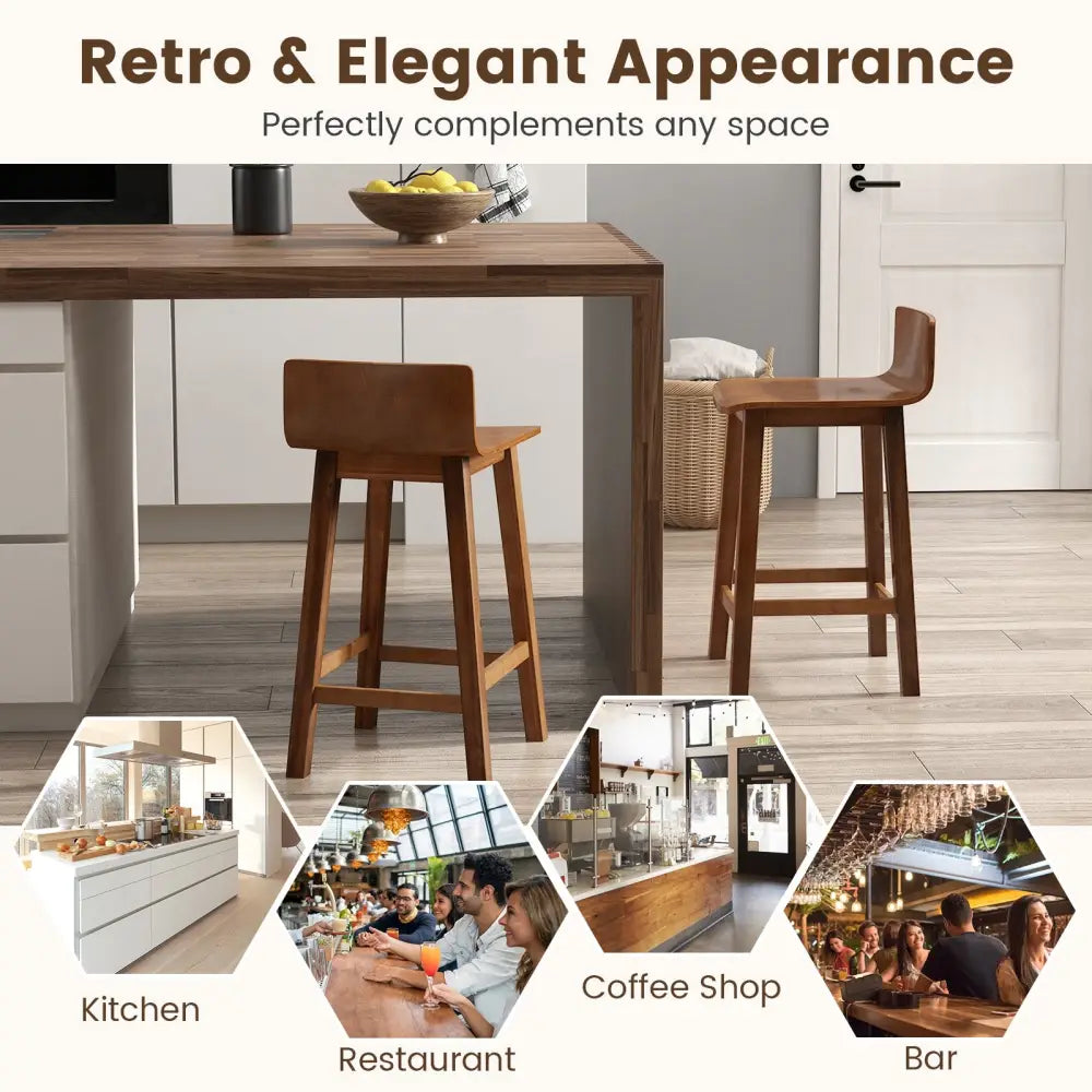 Wood Bar Stools Set of 2 with Solid Back and Seat-Brown - Brown - Bar Stools