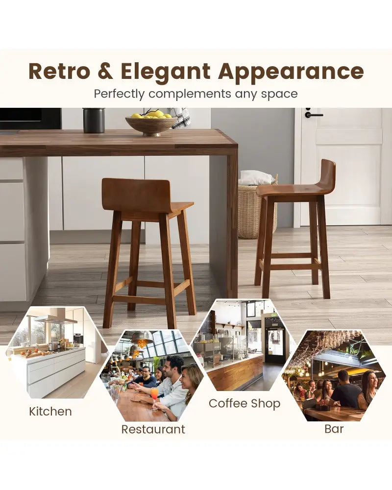 Wood Bar Stools Set of 2 with Solid Back and Seat-Brown - Brown - Bar Stools