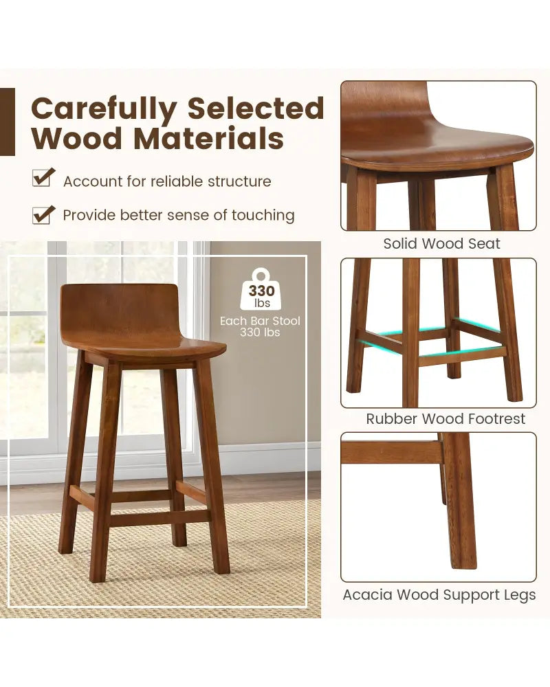 Wood Bar Stools Set of 2 with Solid Back and Seat-Brown - Brown - Bar Stools