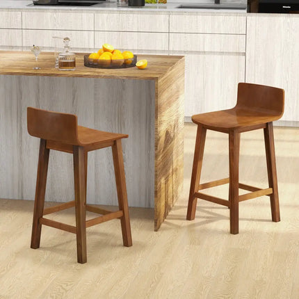 Wood Bar Stools Set of 2 with Solid Back and Seat-Brown - Brown - Bar Stools