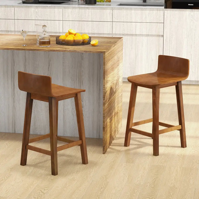 Wood Bar Stools Set of 2 with Solid Back and Seat-Brown - Brown - Bar Stools